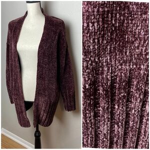 a new day Long Chenille Cardigan Open Front Dark Maroon Aubergine Purple